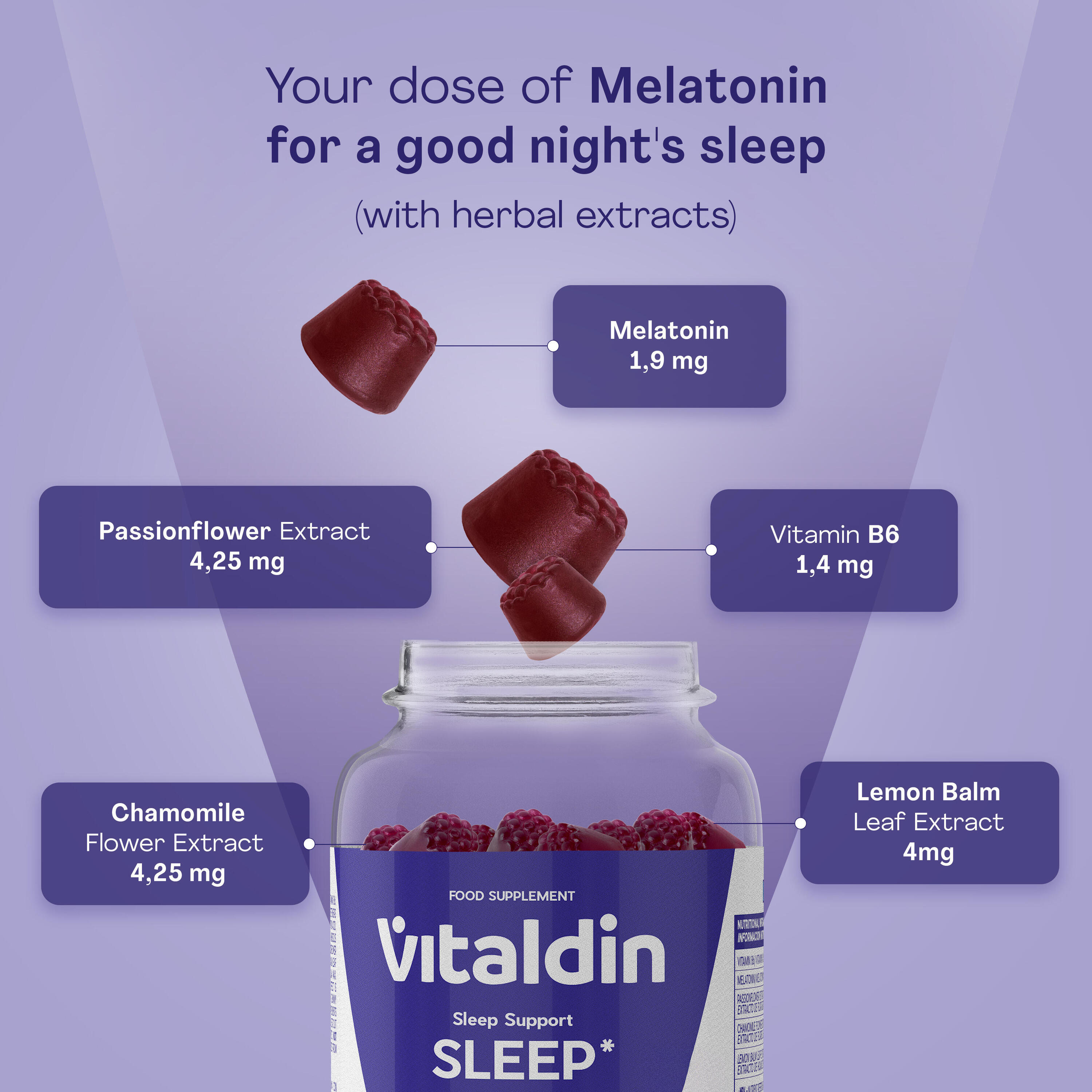 Vitaldin Sleep Gummies Mélatonine, Passiflore, Mélisse Goût Mûre 2/5