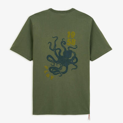 T-shirt girocollo verde militare in cotone con stampa polpo sul retro