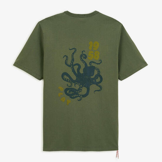 T-shirt col rond vert militaire en coton imprimé dos pieuvre