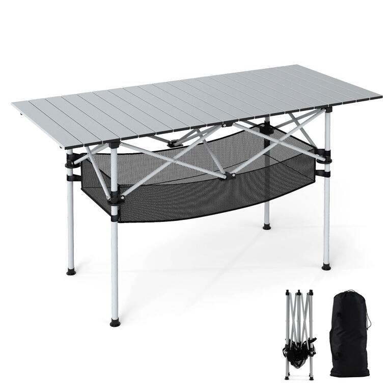 Roll-up aluminium picnic table with mesh storage shelf and carry bag