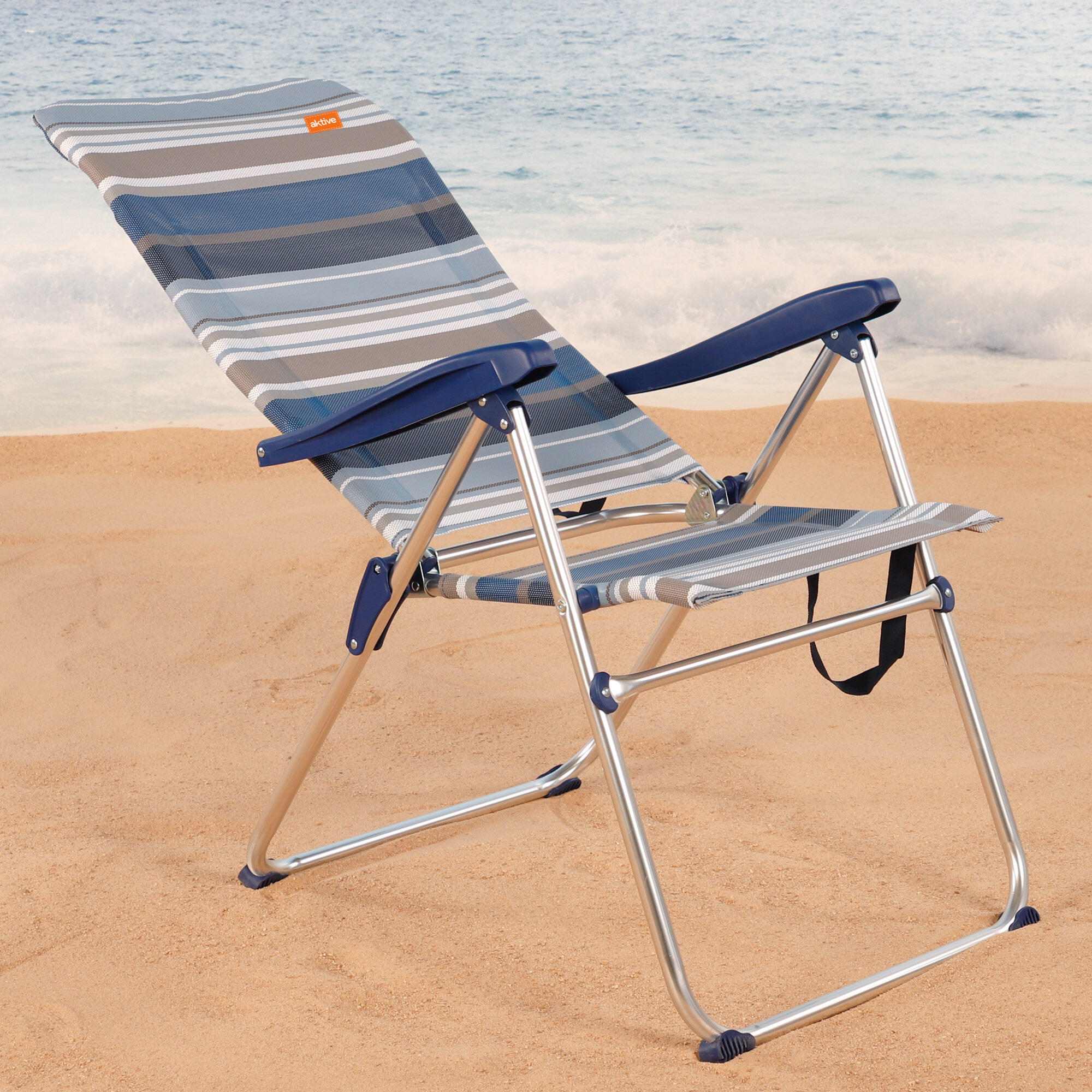 Silla playa plegable alta 5 posiciones a rayas azules y grises Aktive 2/5