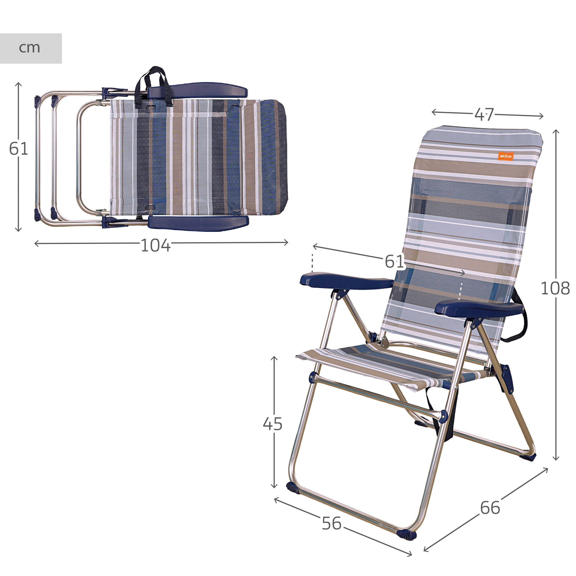 Silla playa plegable alta 5 posiciones a rayas azules y grises Aktive 3/5