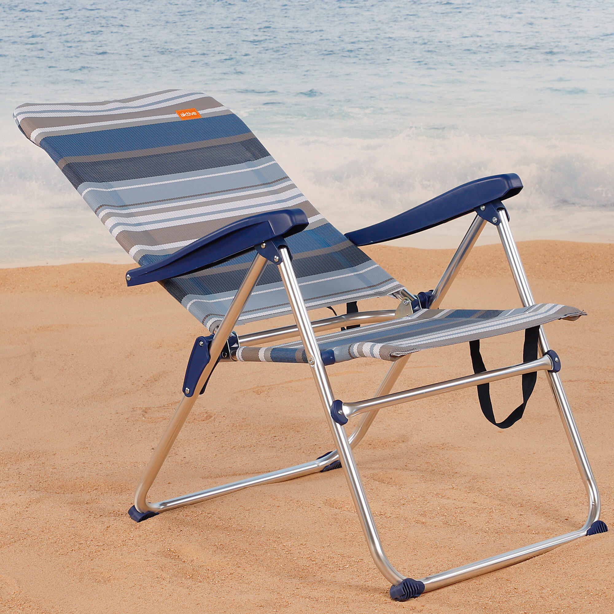 Silla plegable playa alta 5 posiciones a rayas azules y grises Aktive 3/6