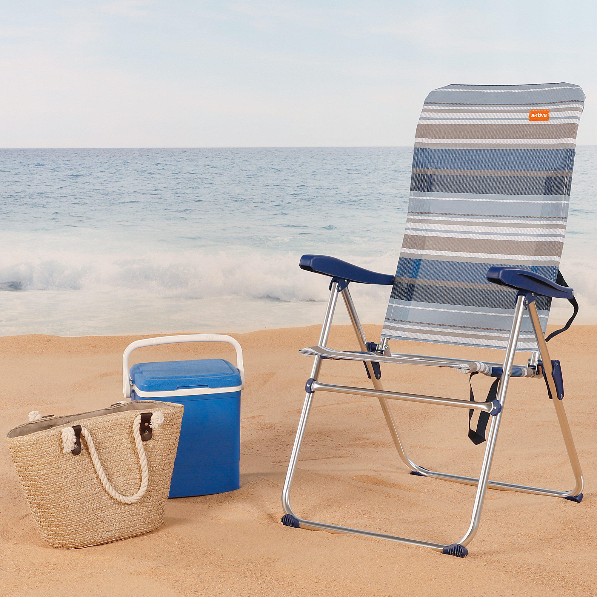 Silla plegable playa alta 5 posiciones a rayas azules y grises Aktive 2/6