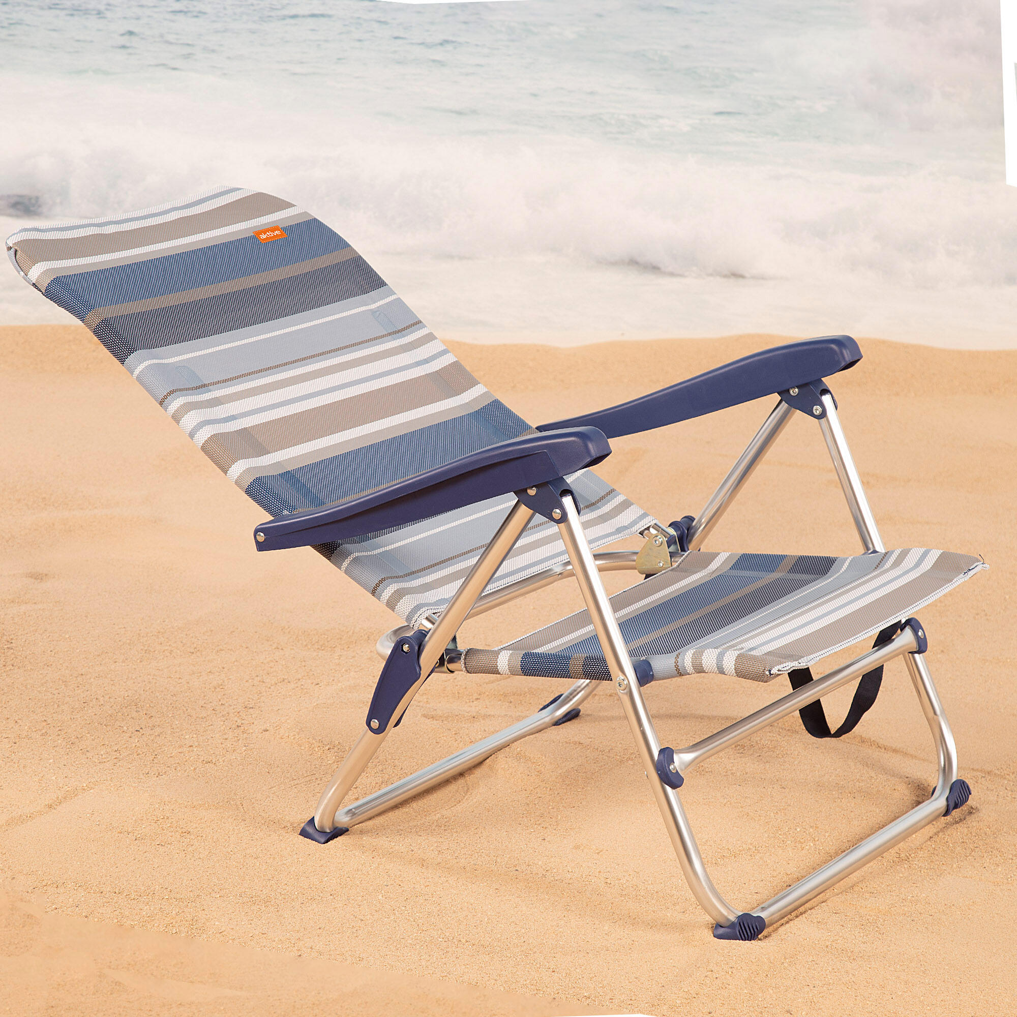 Silla playa plegable baja 5 posiciones a rayas azules y grises Aktive 3/7
