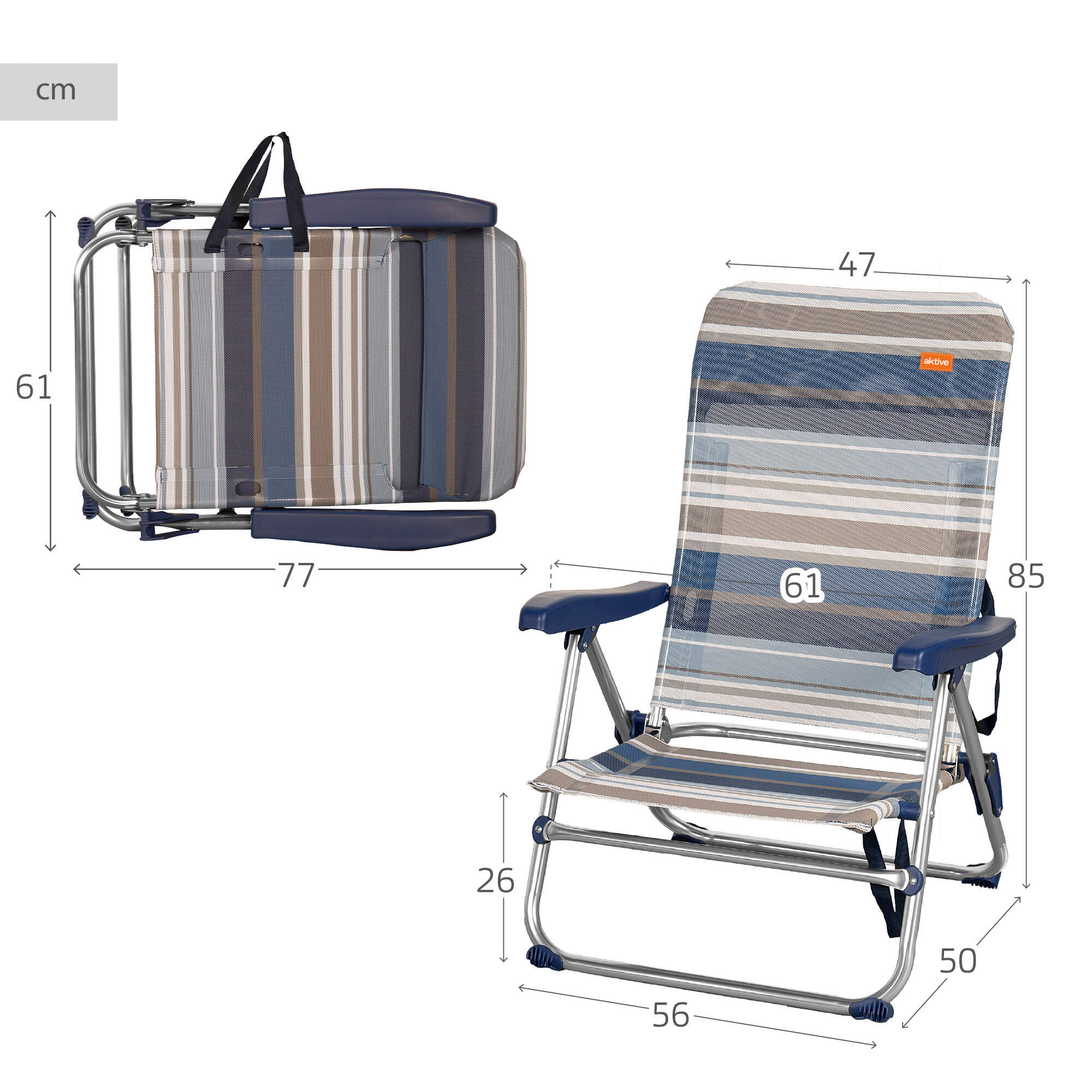 Silla playa plegable baja 5 posiciones a rayas azules y grises Aktive 4/7