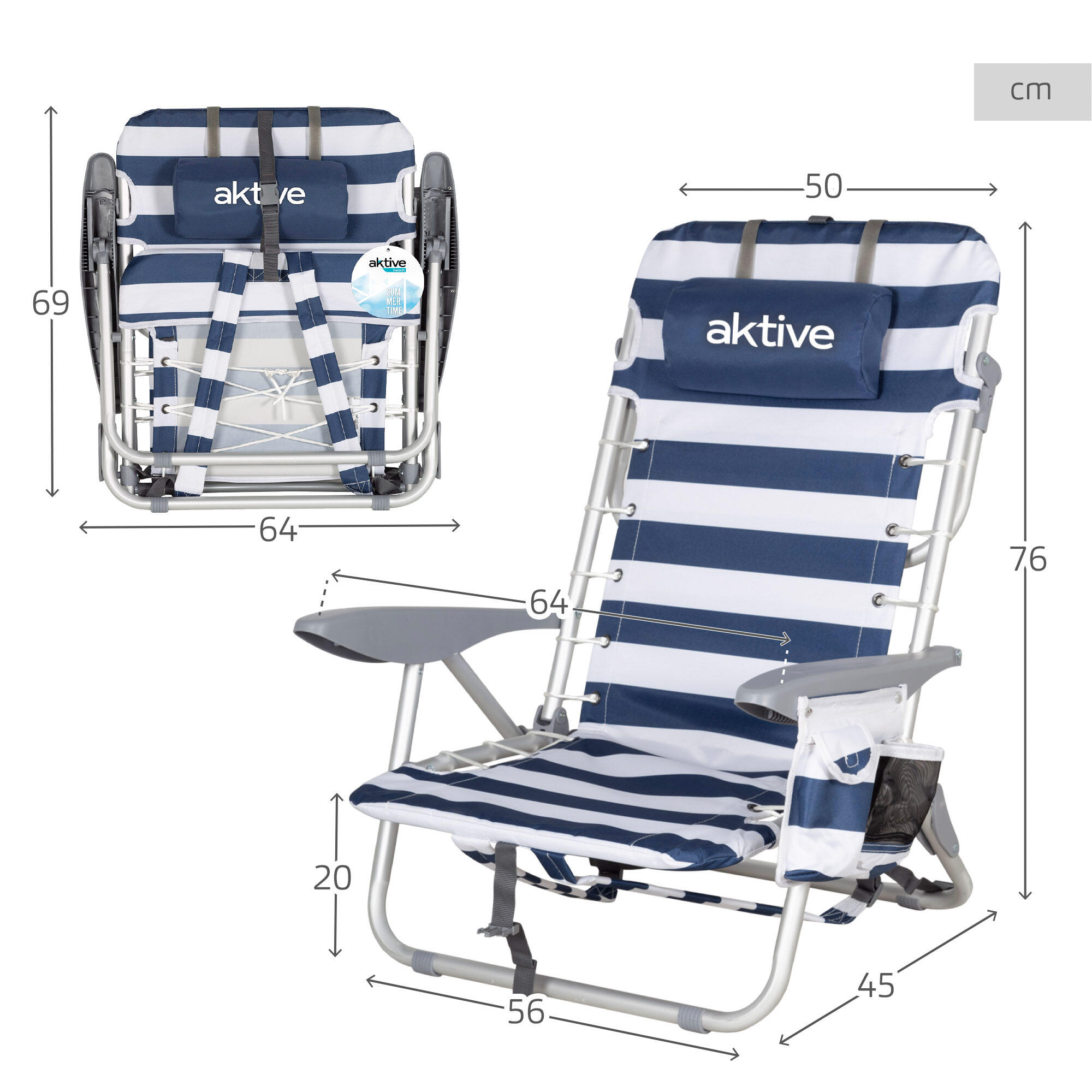 Mochila para cadeira de praia dobrável baixa 4 posições listras Aktive 3/6
