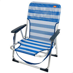 Chaise de plage ou camping, fauteuil de jardin avec accoudoirs, bleu et blanc