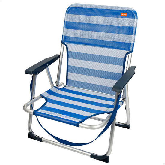 Chaise de plage ou camping, fauteuil de jardin avec accoudoirs, bleu et blanc