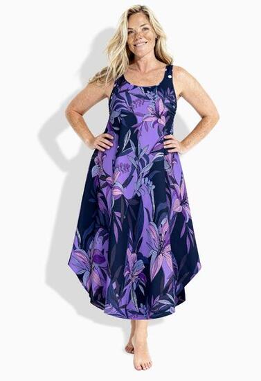 Damen Midikleid Lilienmuster A-Linie Rundhals ärmellos