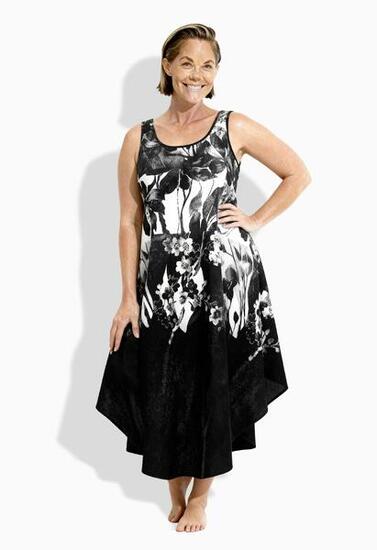 Damen Midikleid Blüten A-Linie Rundhals ärmellos