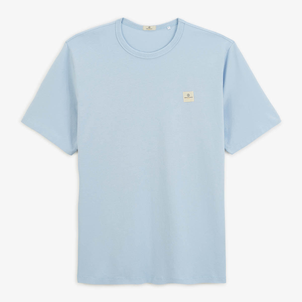 T-shirt girocollo in jersey di cotone blu cielo con stampa sul retro 3/6