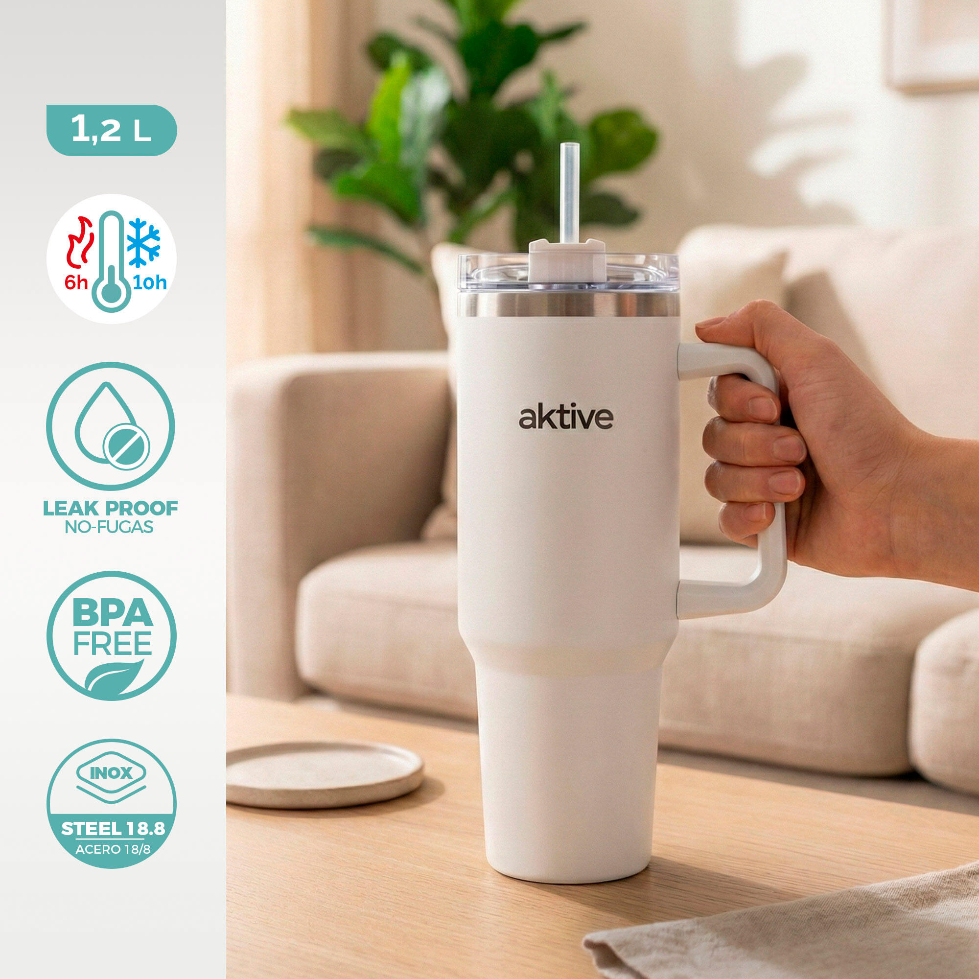 Aktive Thermos blanc 1,2 L couvercle à vis en acier inoxydable 3 positions 2/7