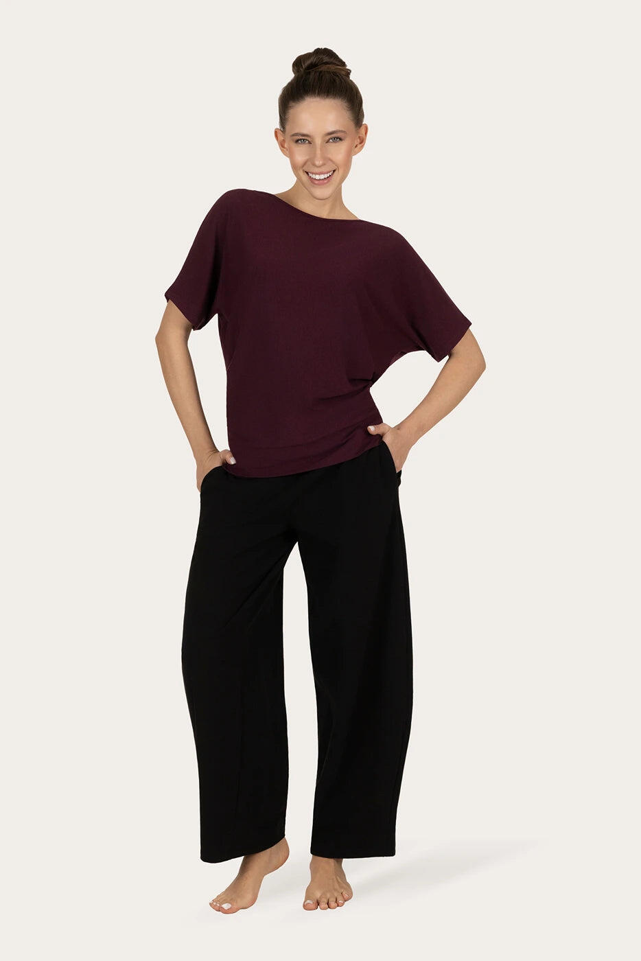 T-shirt Yoga & Pilates Budhi Coupe Ample, manche chauve-souris - Violet Foncé 4/5