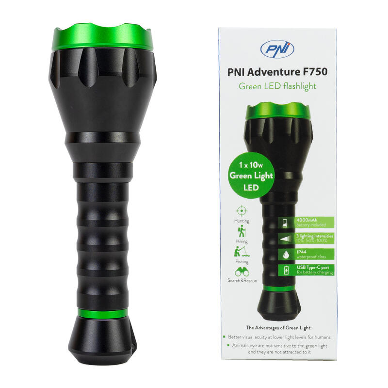 Lanternă lumină verde 10W, 500 lm, 850 m, USB-C, acumulator 4000 mAh