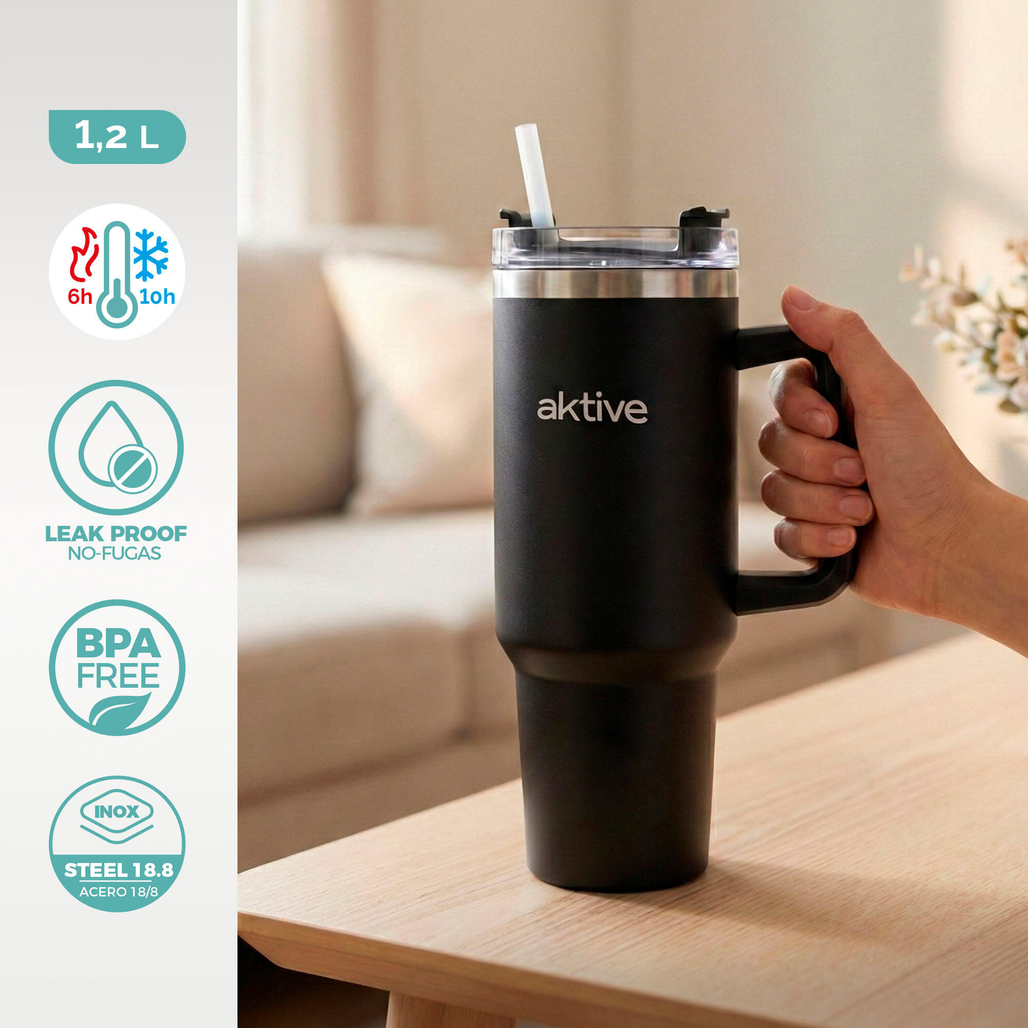 Aktive Bouteille thermos noire 1,2 L couvercle à vis en acier inoxydable 2/7