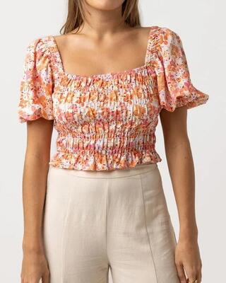 Rosa bloemen smocked - dames top