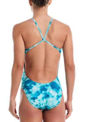 Nike hydrastrong dames badpak multicolor print met cut-outs - blauw - maat 34