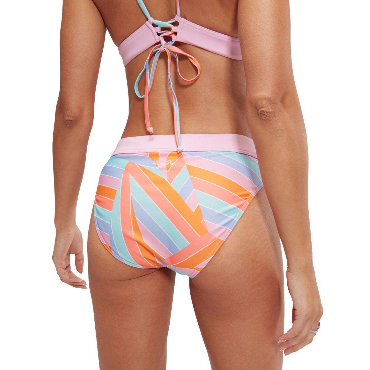 Speedo Bikini triangle imprimé à bandes pour femme - Rose / Citrouille / Bleu / 4/5