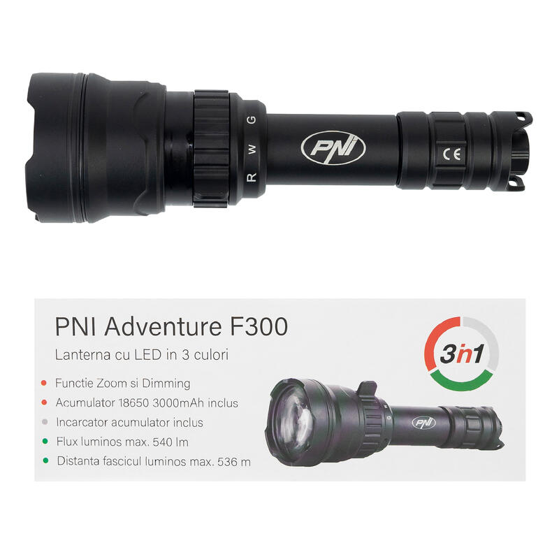 Lanternă LED 3 culori alb/roșu/verde, 540 lm, 536 m, zoom, IPX6