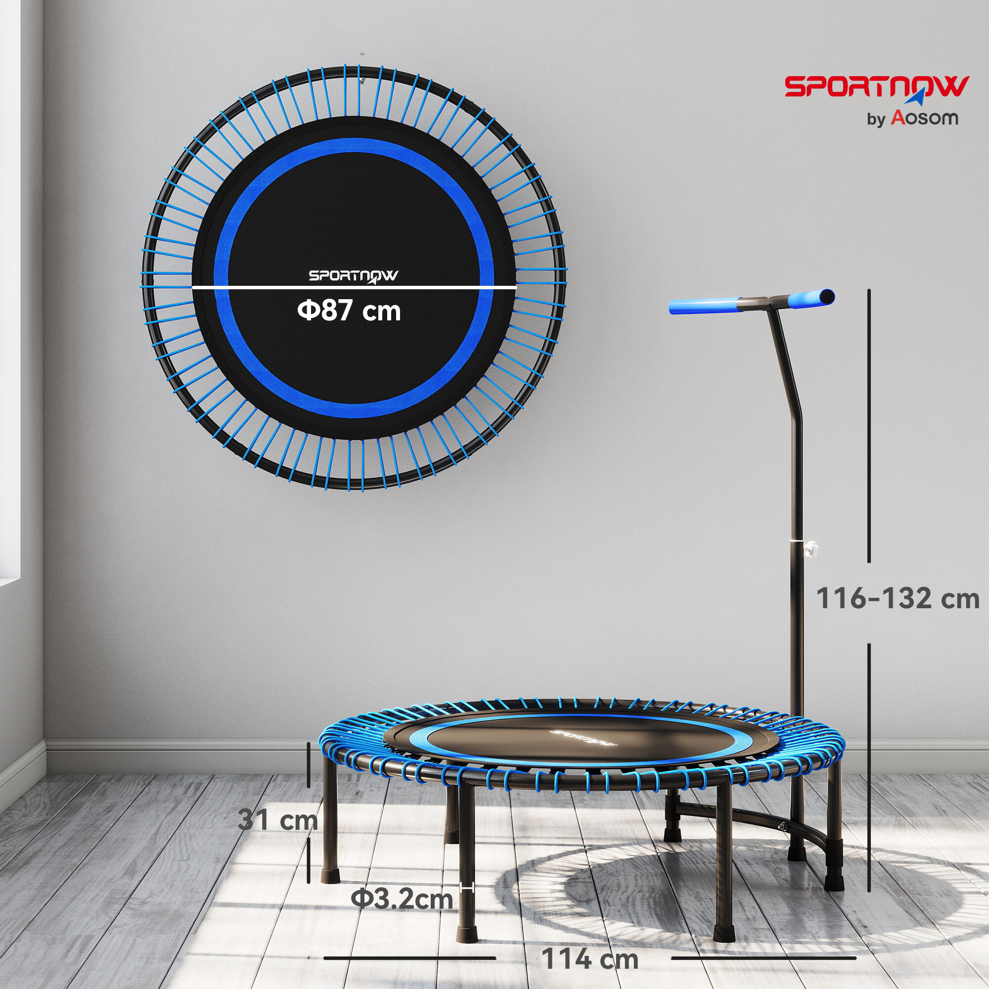 SPORTNOW Trampolino Fitness Ø114cm con Manubrio a 5 Posizioni Capacità 200kg Blu 3/7