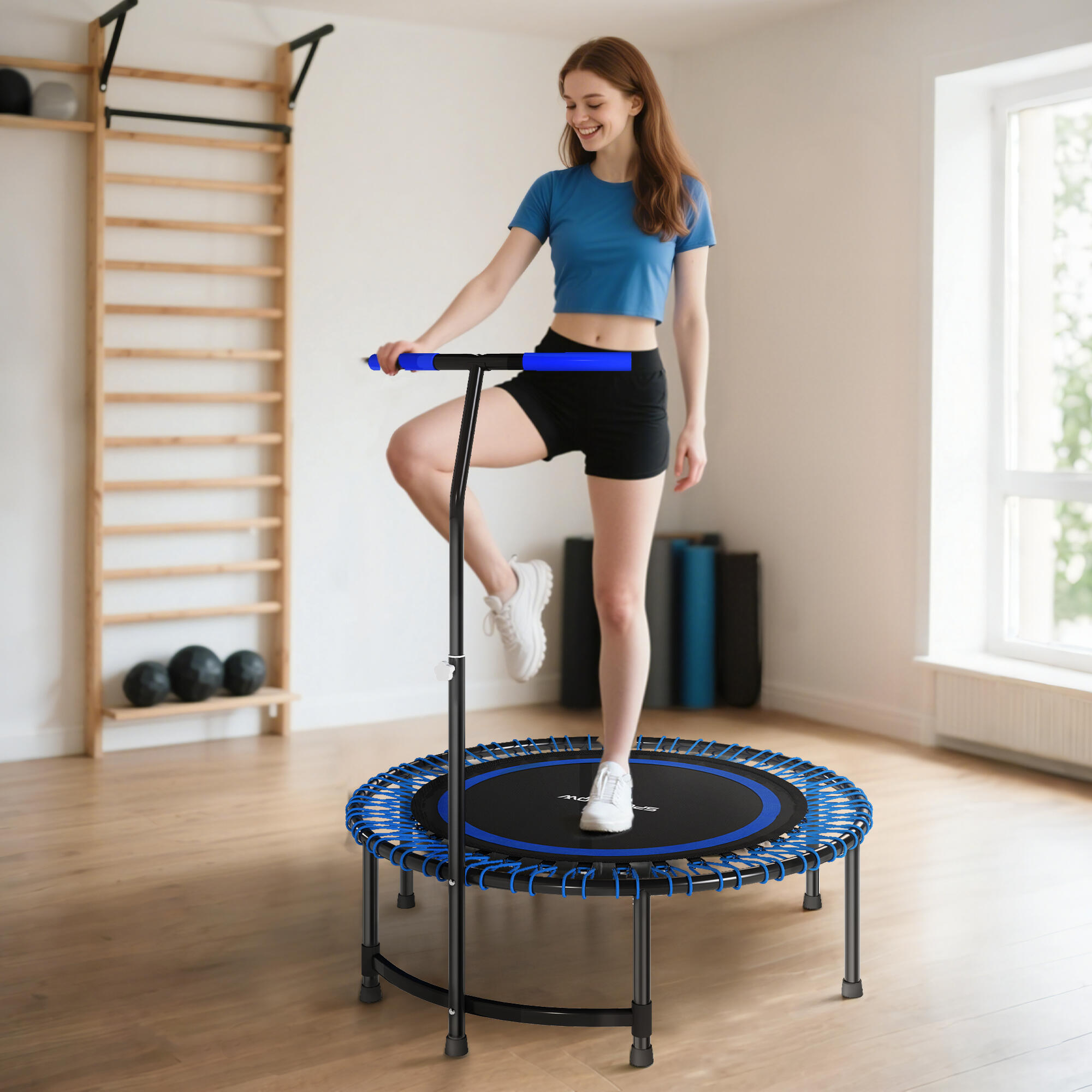 SPORTNOW Trampolino Fitness Ø114cm con Manubrio a 5 Posizioni Capacità 200kg Blu 2/7