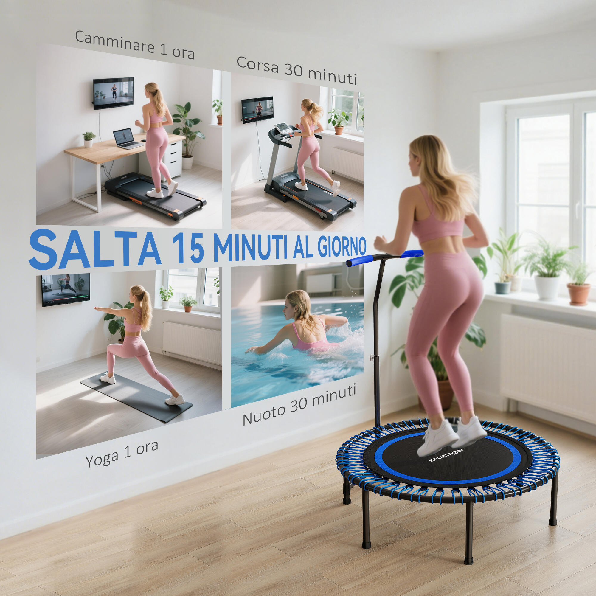 SPORTNOW Trampolino Fitness Ø114cm con Manubrio a 5 Posizioni Capacità 200kg Blu 7/7