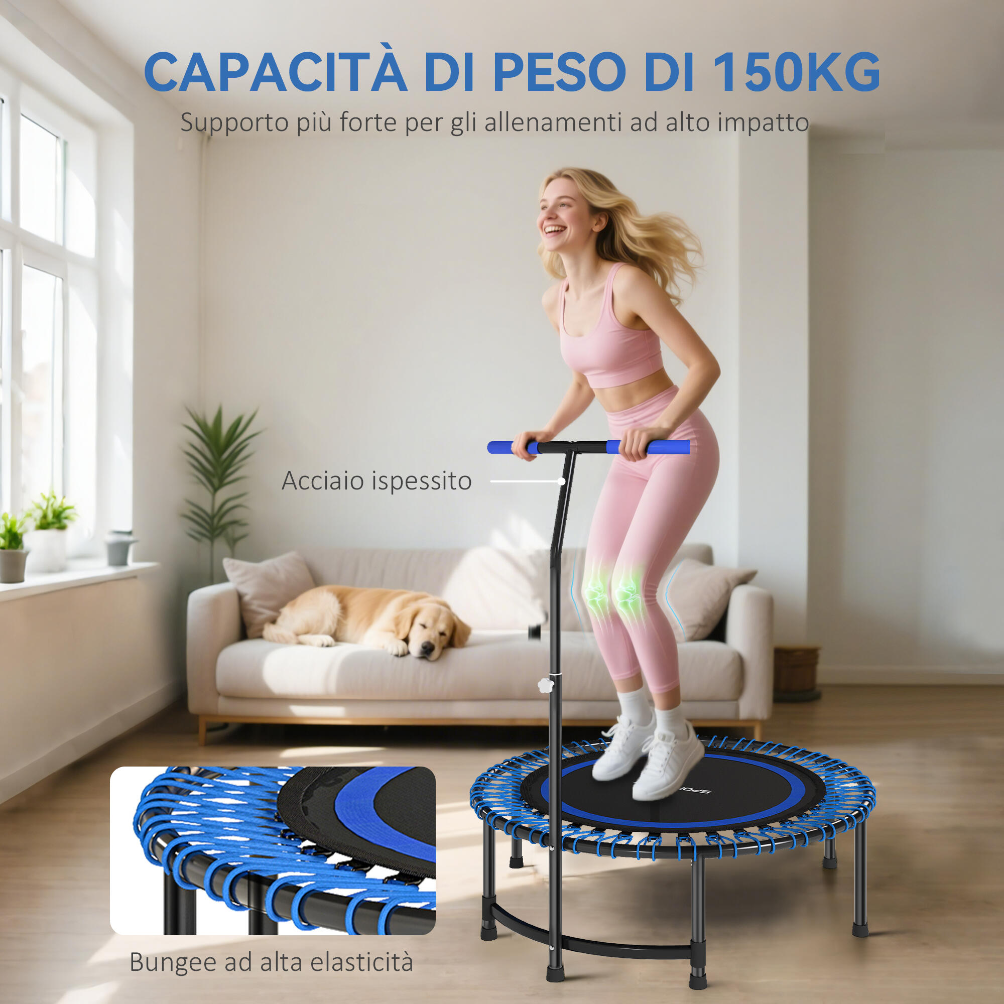 SPORTNOW Trampolino Fitness Ø114cm con Manubrio a 5 Posizioni Capacità 200kg Blu 5/7