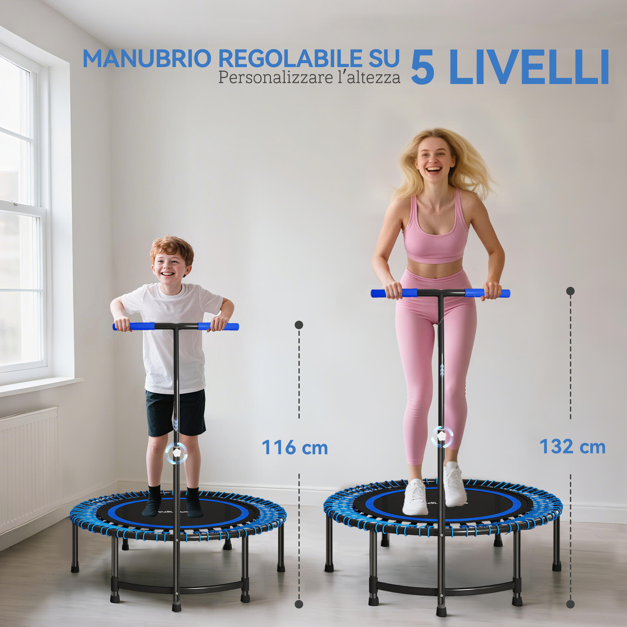 SPORTNOW Trampolino Fitness Ø114cm con Manubrio a 5 Posizioni Capacità 200kg Blu 4/7