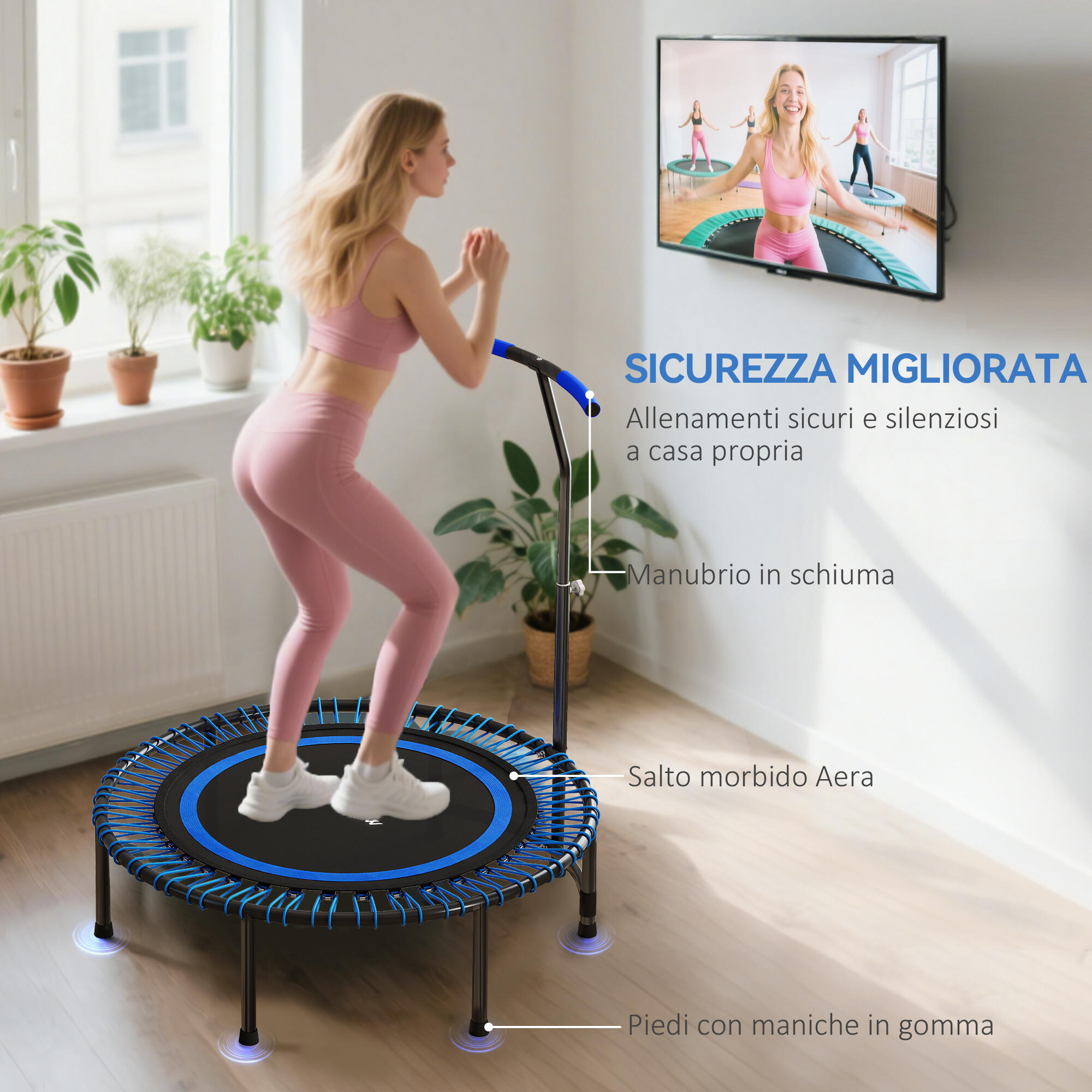 SPORTNOW Trampolino Fitness Ø114cm con Manubrio a 5 Posizioni Capacità 200kg Blu 6/7