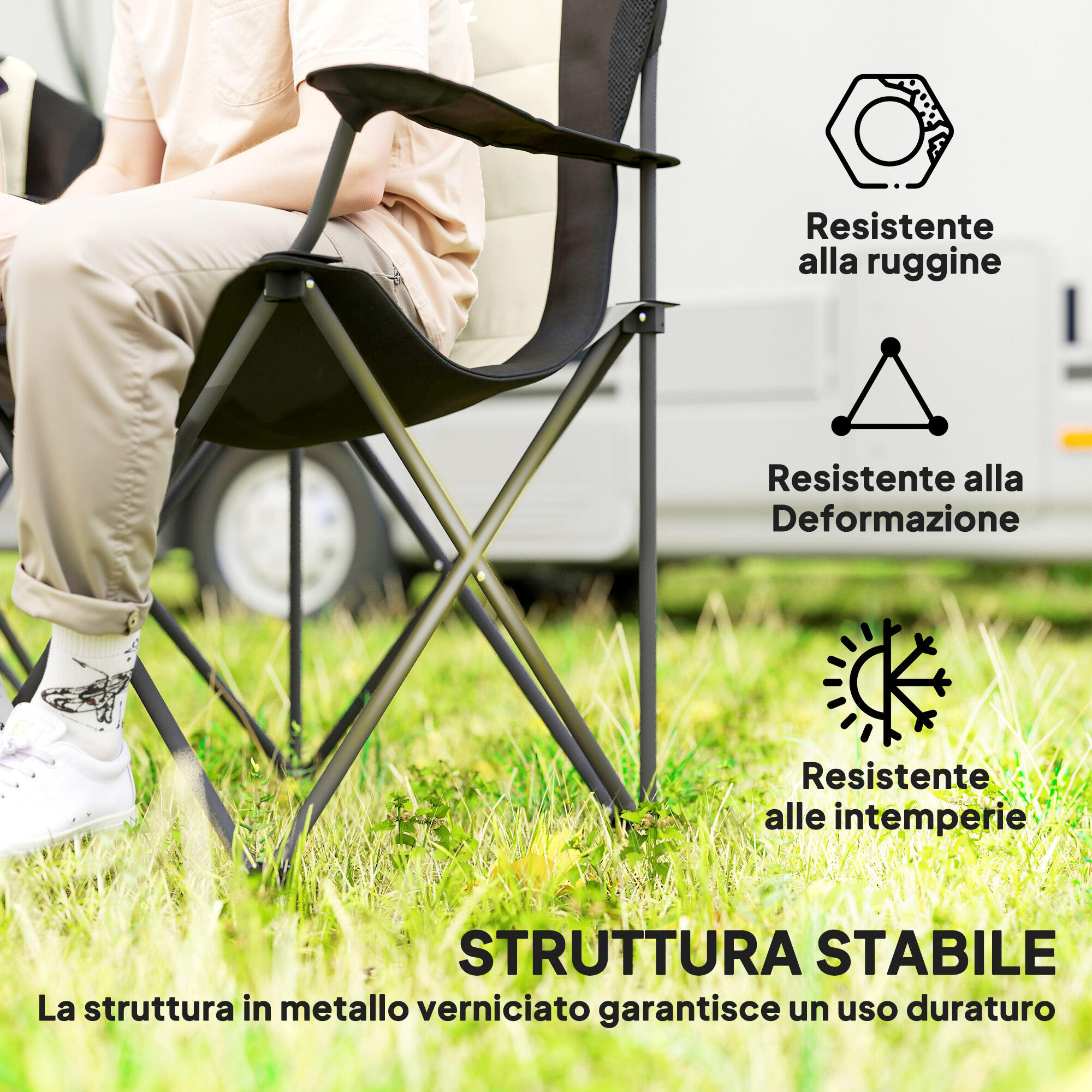 Outsunny Set 2 Sedie da Campeggio Pieghevoli con Portabicchieri e Borse Crema 5/7