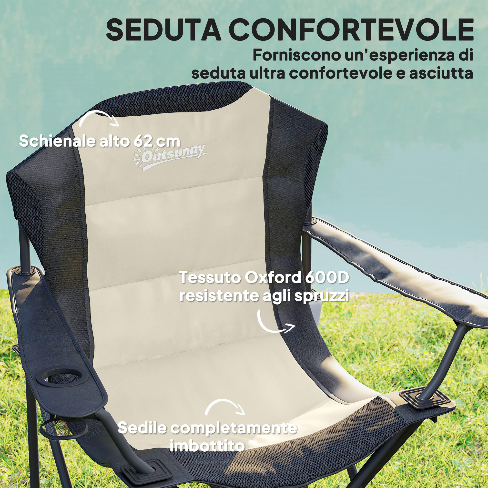 Outsunny Set 2 Sedie da Campeggio Pieghevoli con Portabicchieri e Borse Crema 4/7