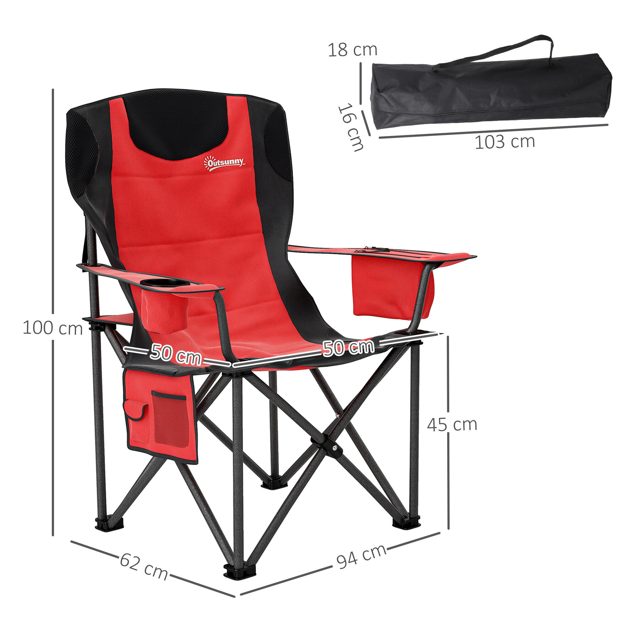 Outsunny Set 2 Sedie da Campeggio Pieghevoli con 2 Tasche Portabicchieri Rosso 3/7