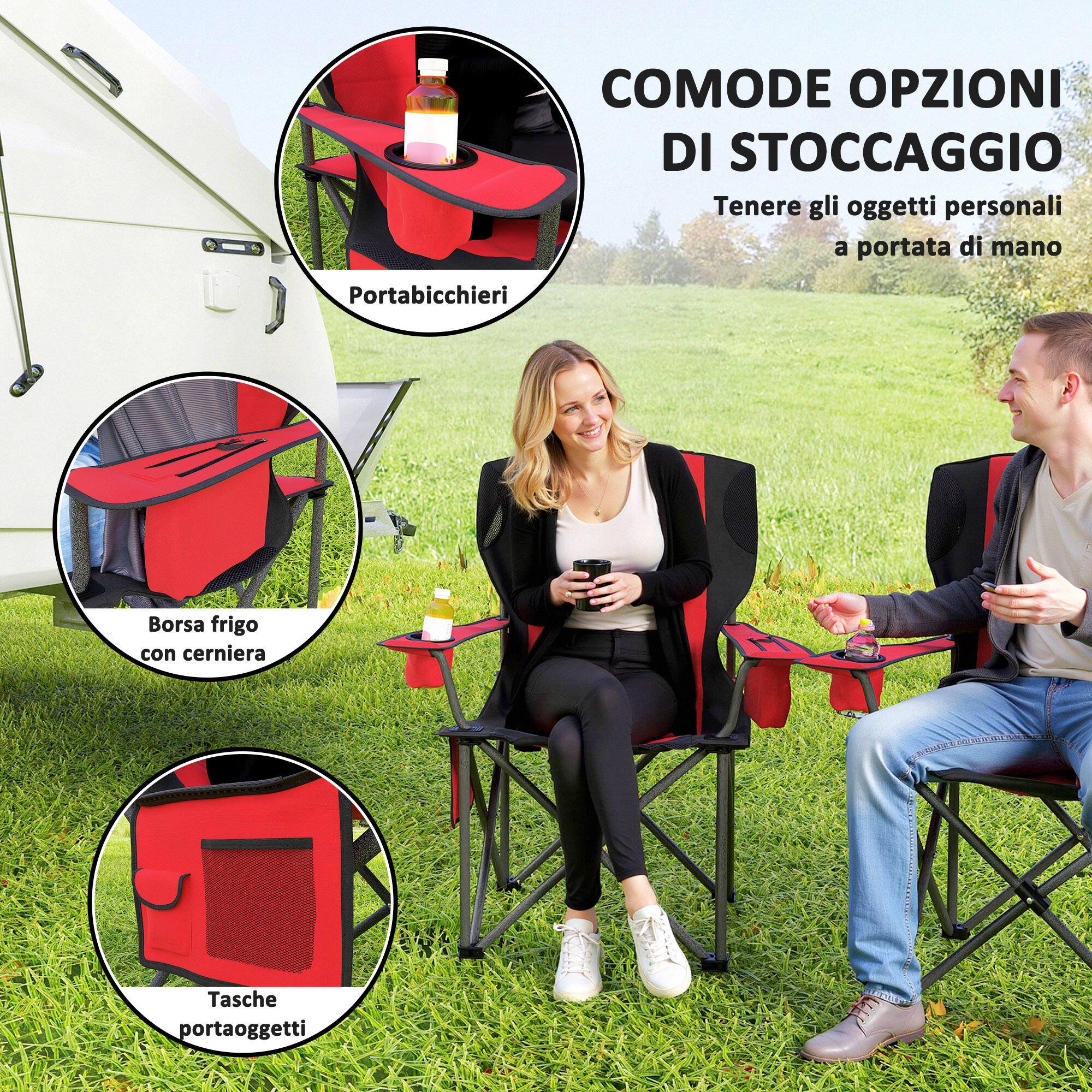 Outsunny Set 2 Sedie da Campeggio Pieghevoli con 2 Tasche Portabicchieri Rosso 6/7