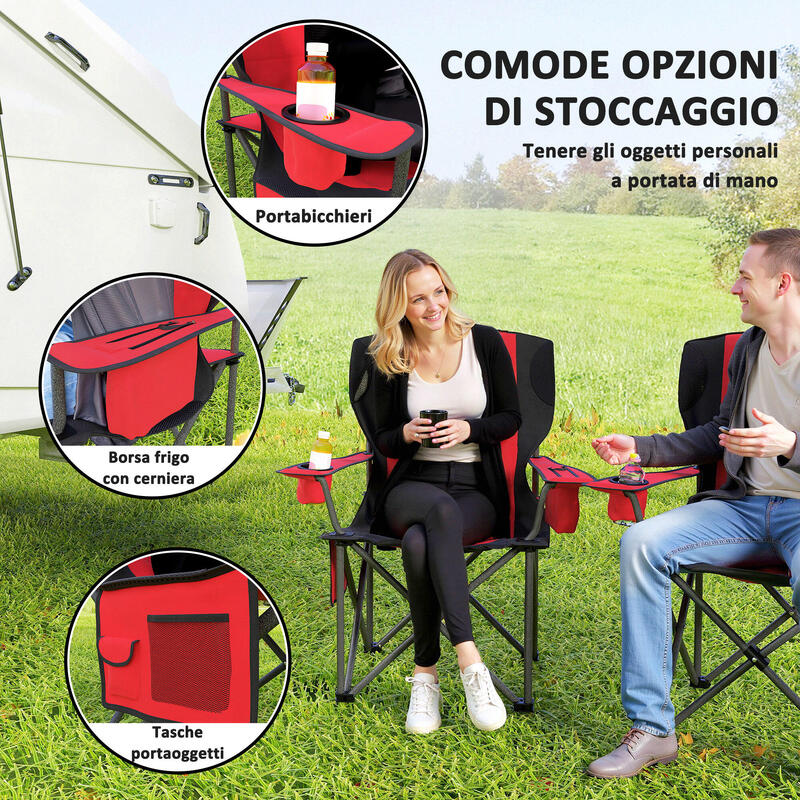 Set de 2 scaune pliabile de camping Outsunny cu 2 suporturi pentru pahare, roșu