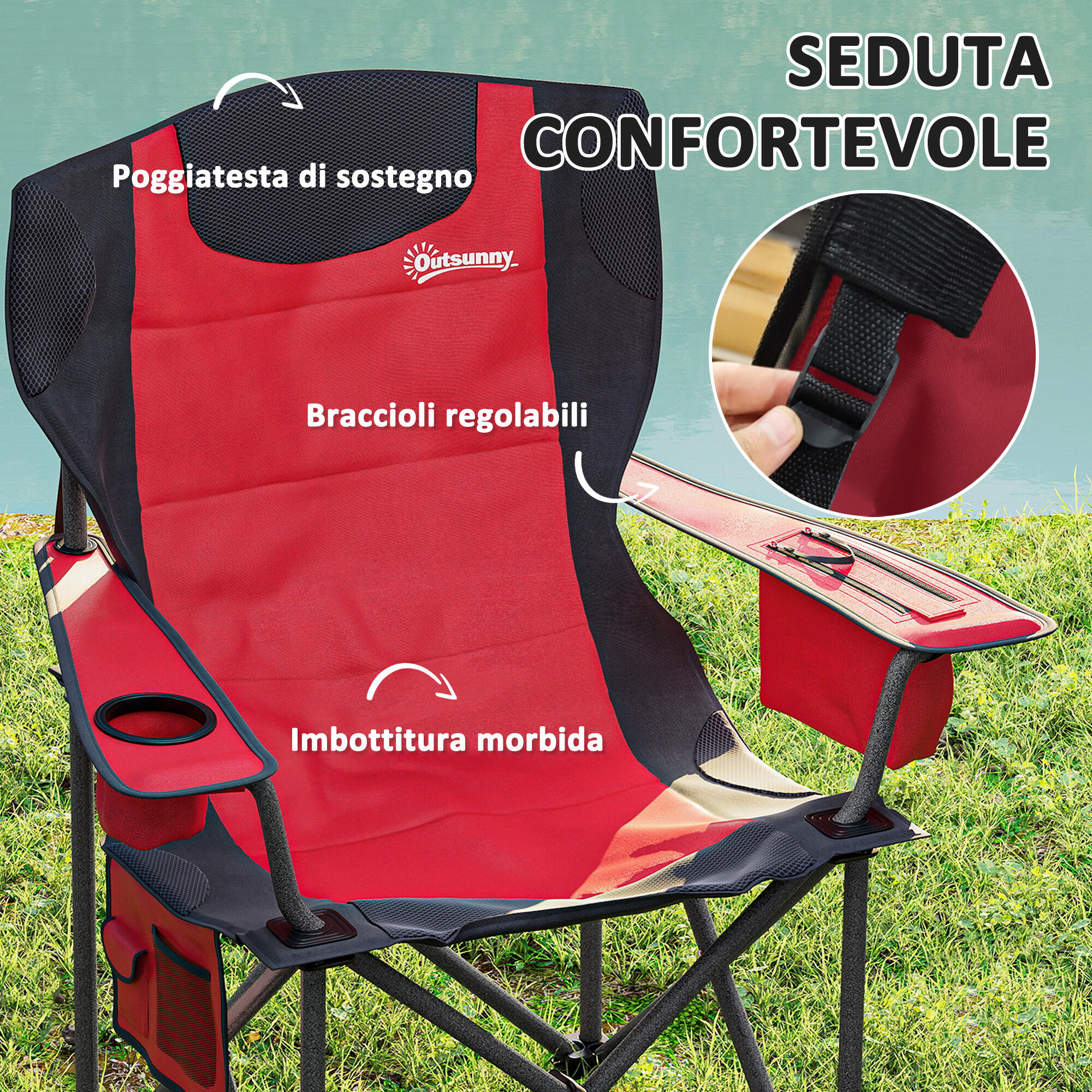 Outsunny Set 2 Sedie da Campeggio Pieghevoli con 2 Tasche Portabicchieri Rosso 4/7