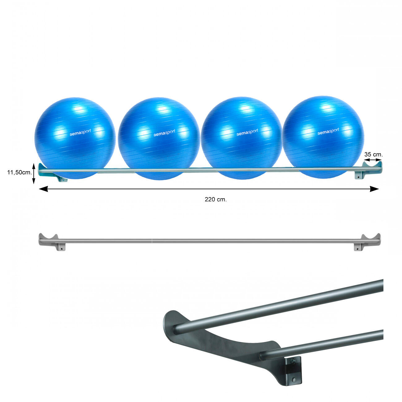 Soporte Fitball de Pared 220 cm Largo Gris 2/3