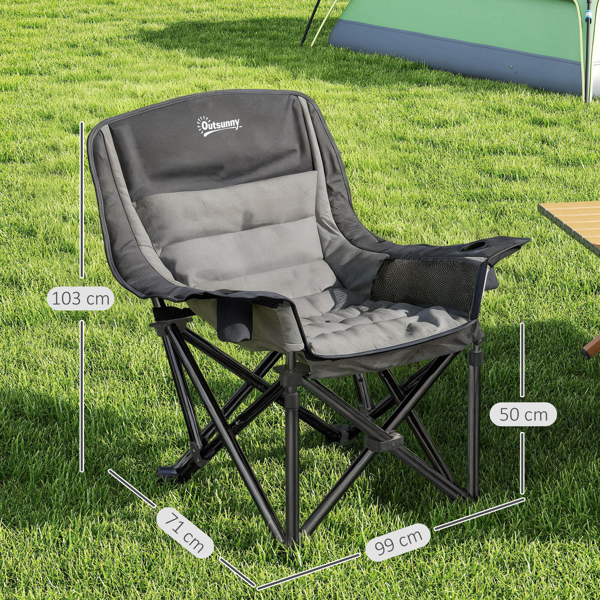 Outsunny Sedia da Campeggio Pieghevole con Portabicchieri e Tasche Grigio e Nero 3/7