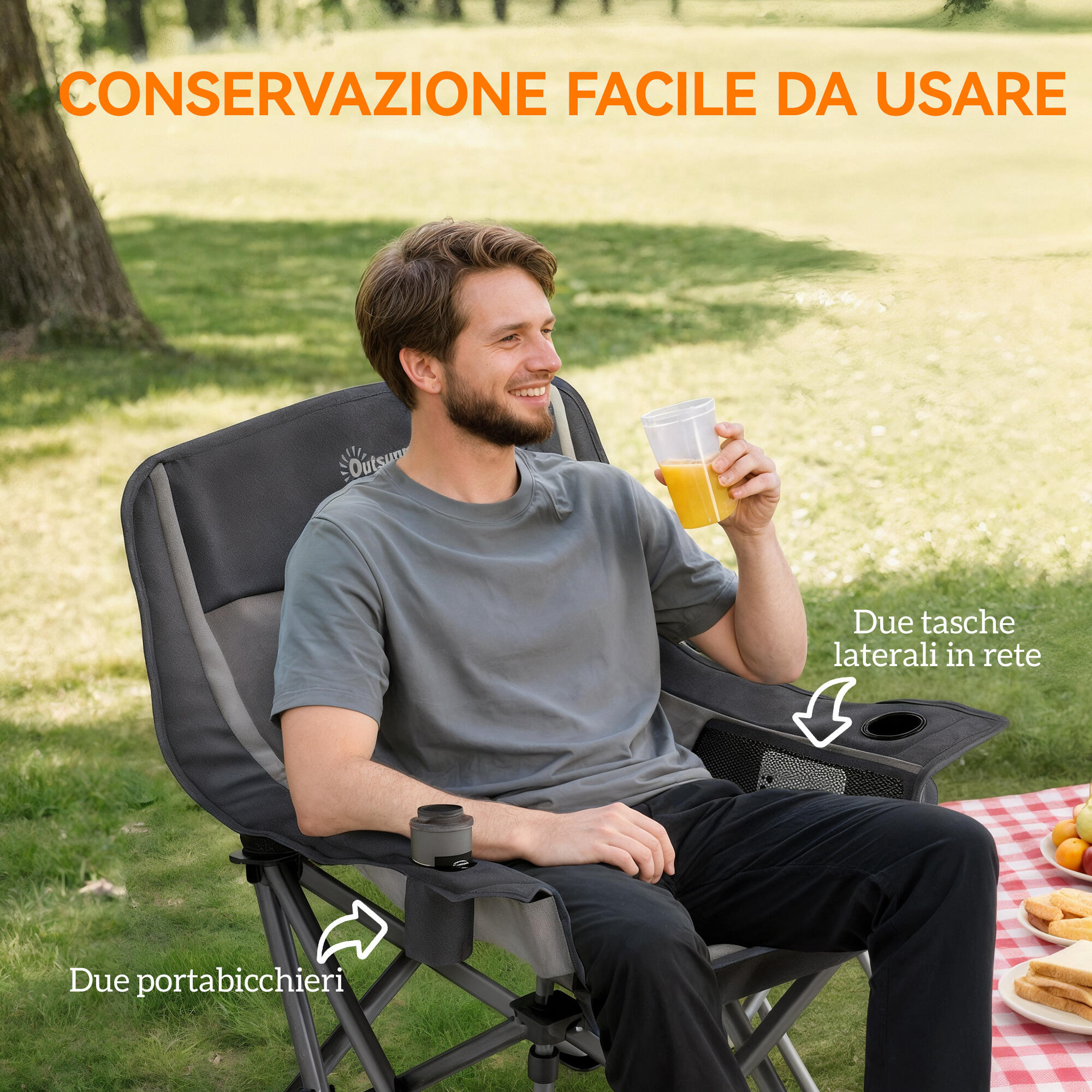 Outsunny Sedia da Campeggio Pieghevole con Portabicchieri e Tasche Grigio e Nero 6/7