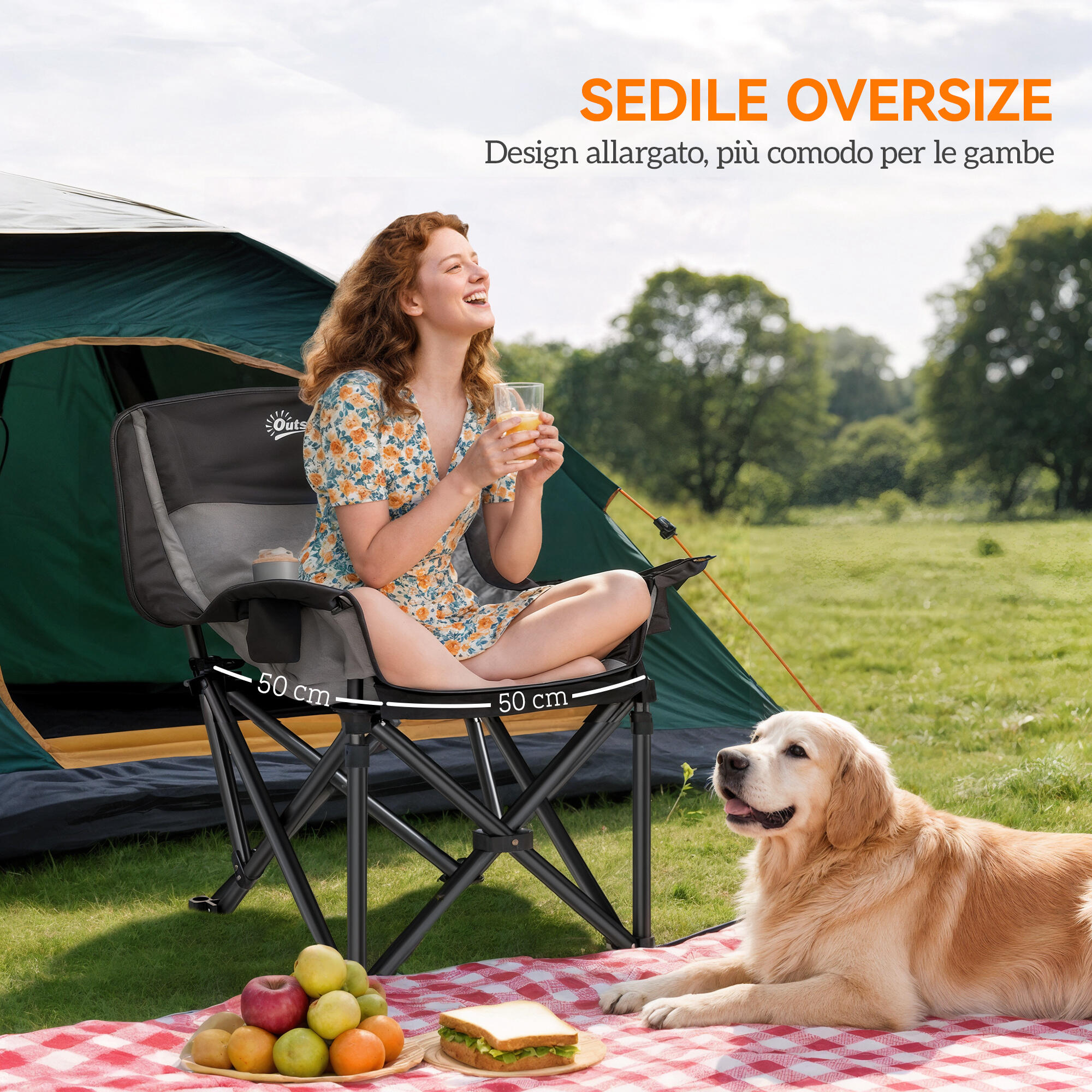 Outsunny Sedia da Campeggio Pieghevole con Portabicchieri e Tasche Grigio e Nero 5/7
