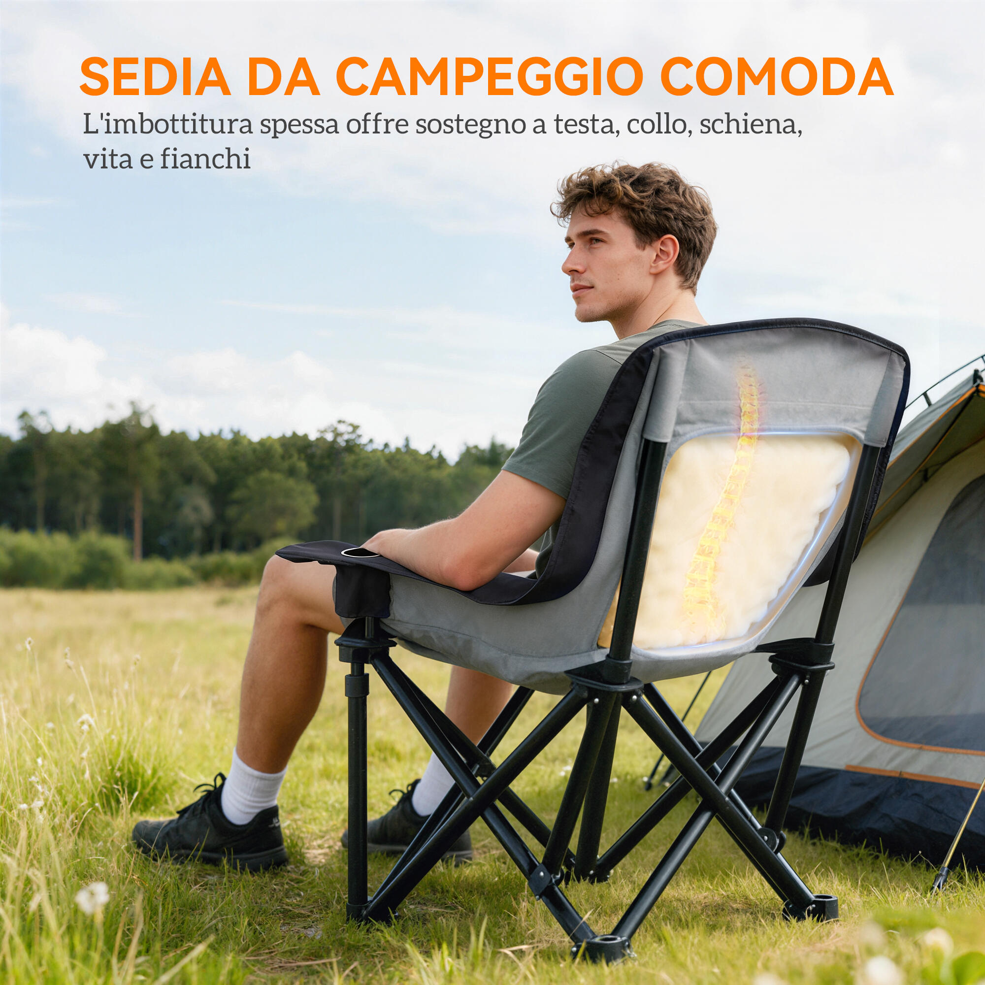 Outsunny Sedia da Campeggio Pieghevole con Portabicchieri e Tasche Grigio e Nero 4/7