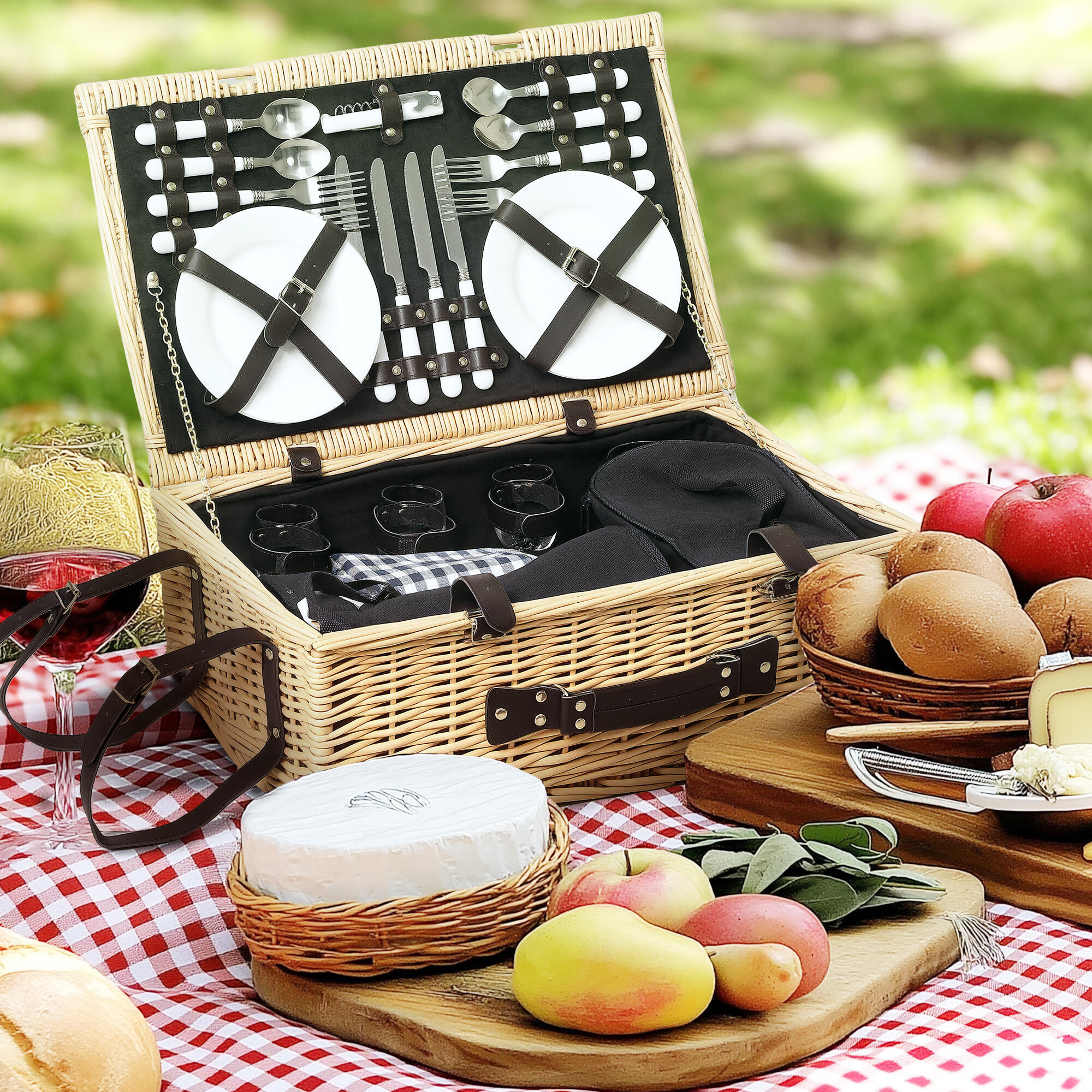 Outsunny Cesta da Pic Nic per 4 Persone con Area Frigo e Accessori 54x34x20 cm 2/7