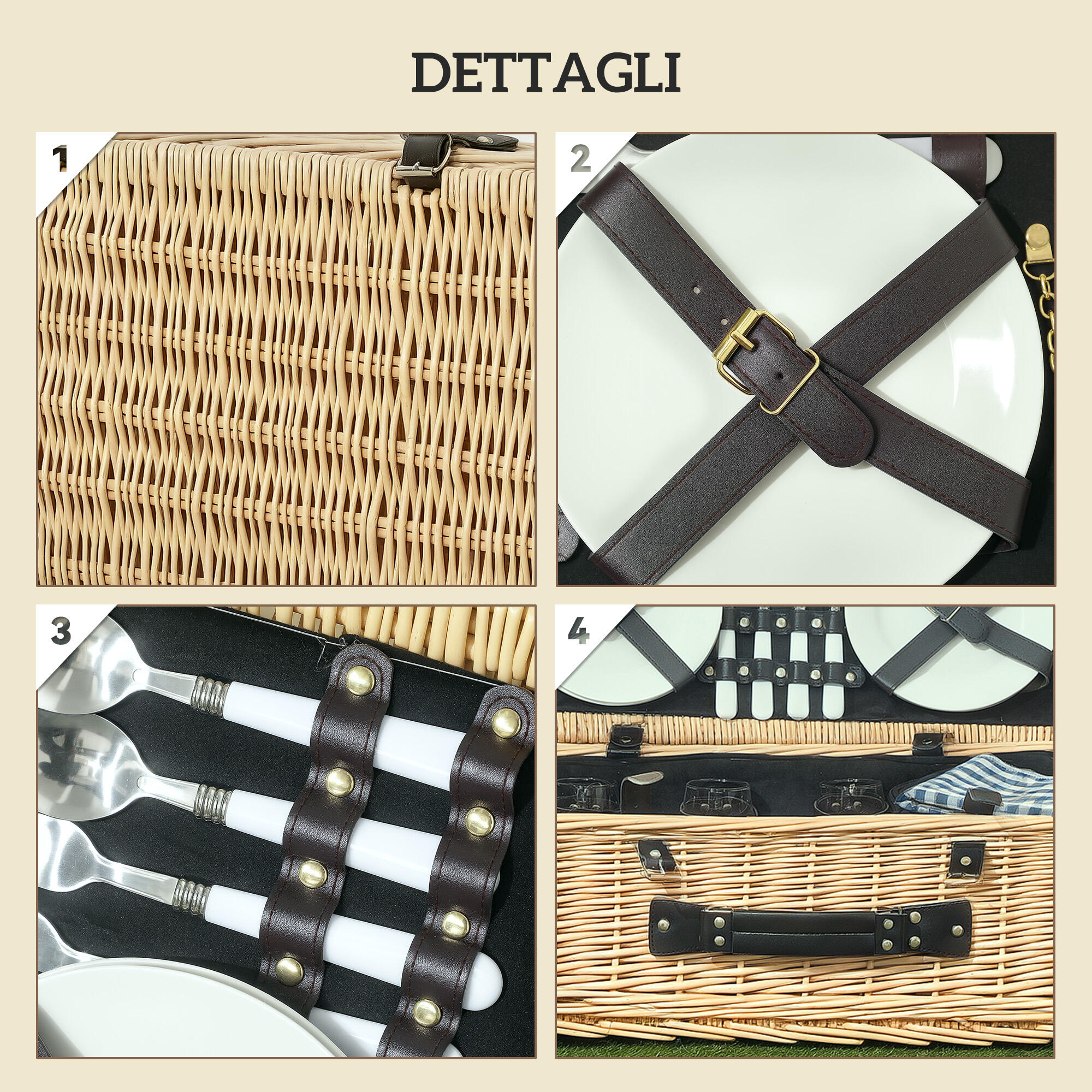Outsunny Cesta da Pic Nic per 4 Persone con Area Frigo e Accessori 54x34x20 cm 6/7