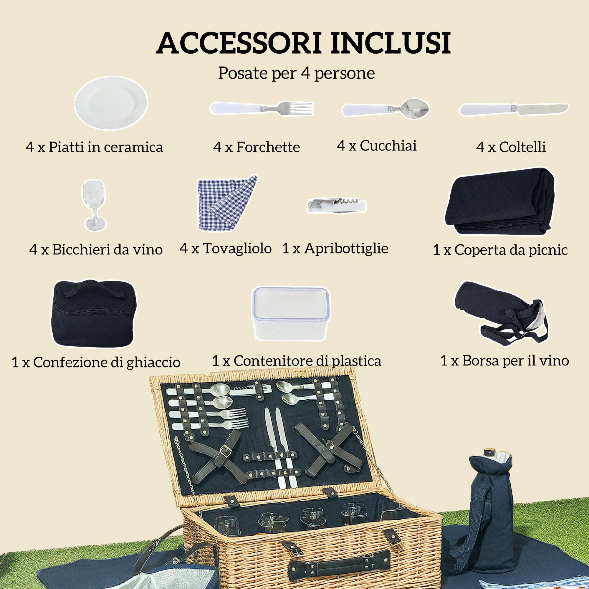 Outsunny Cesta da Pic Nic per 4 Persone con Area Frigo e Accessori 54x34x20 cm 4/7