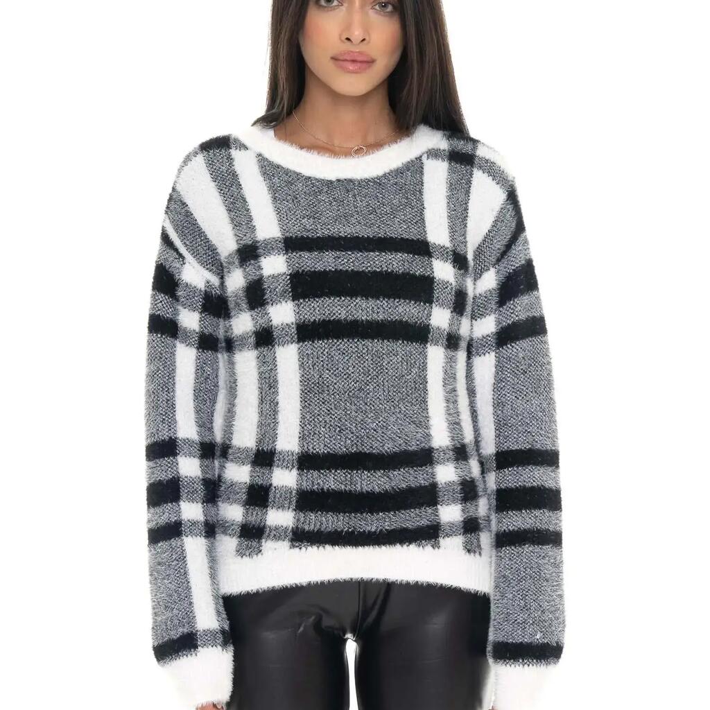 Leone 1947 Glam Winter women's checked crew neck sweater with logo label