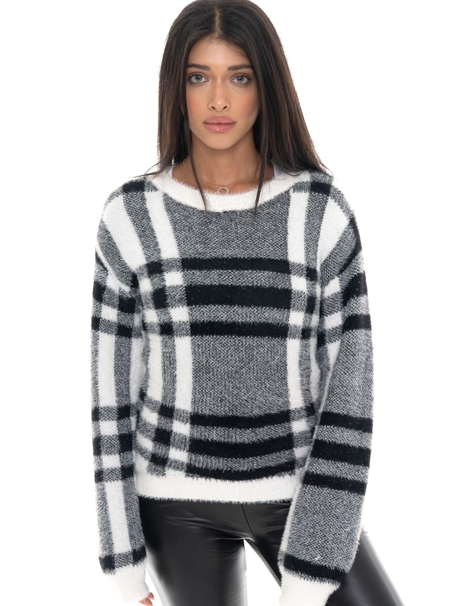 Pull à carreaux Leone 1947 Glam Winter pour femme, col rond, avec étiquette logo 5/5