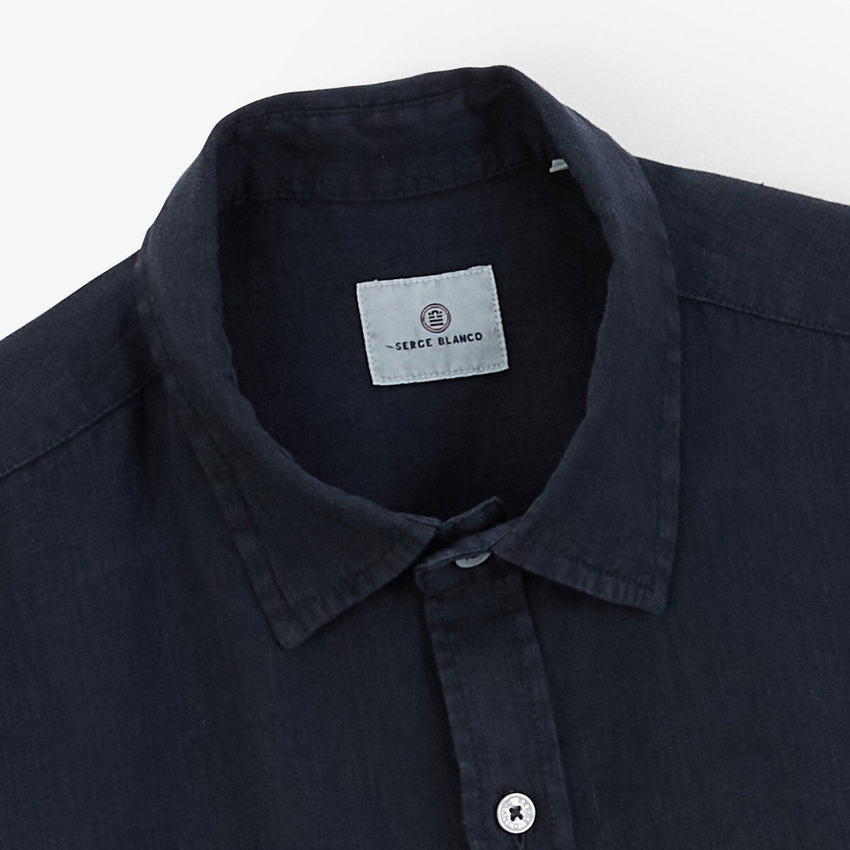 Camicia a maniche corte in lino blu navy tinta unita 4/5