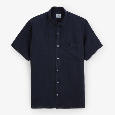 Camicia a maniche corte in lino blu navy tinta unita