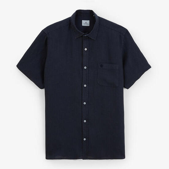 Camicia a maniche corte in lino blu navy tinta unita