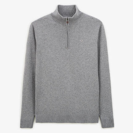 Pull col zippé en coton et laine gris chiné Malo
